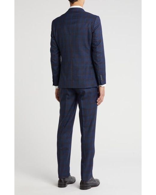 English Laundry Blue Plaid Trim Fit Notch Lapel Wool Blend Two-Piece Suit for men