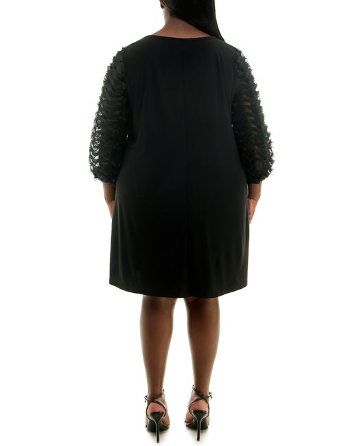 Nina Leonard Black Ruffle Three Quarter Sleeve Trapeze Dress