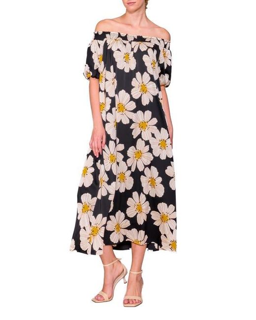 MELLODAY Black Floral Off The Shoulder Puff Sleeve Satin Dress