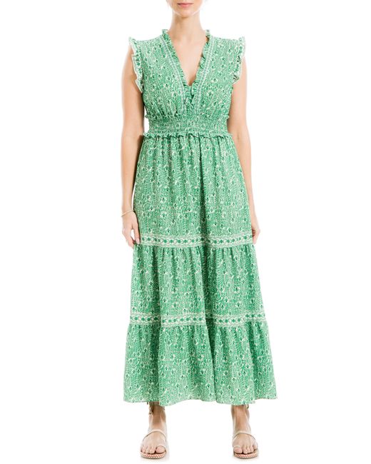 Max Studio Green Sleeveless Smocked Floral Print Tiered Maxi Dress
