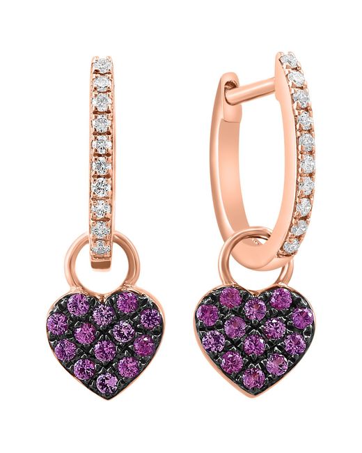Effy Purple 14k Rose Gold Diamond & Pavé Pink Sapphire Heart Drop Huggie Hoop Earrings