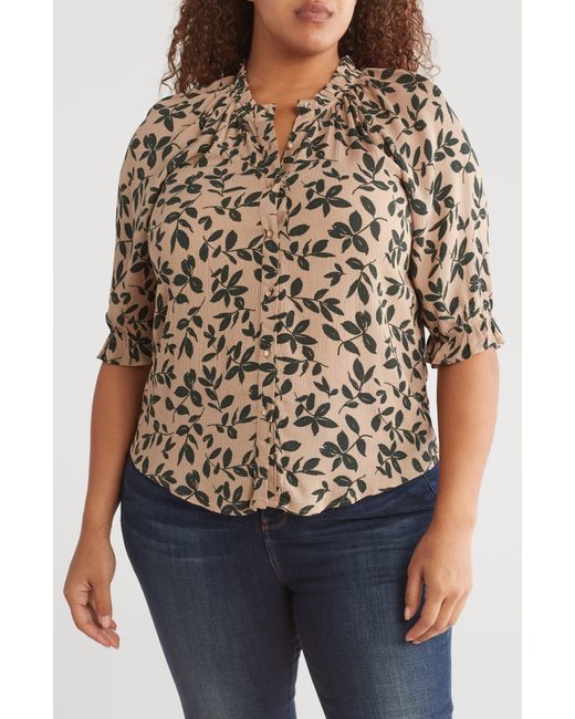 Bobeau Brown Patterned Button-up Top