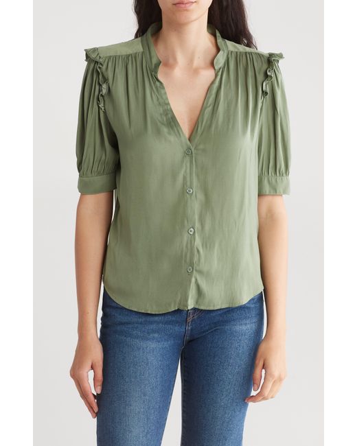 Melrose and Market Green Ruffle Sleeve Split Neck Button-up Top