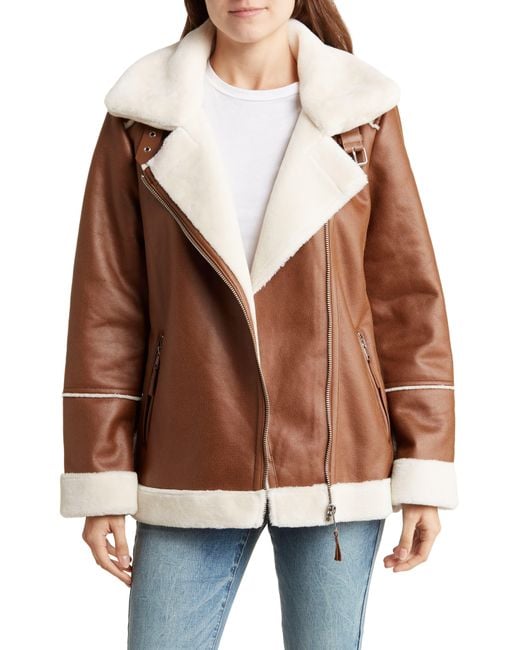 Vigoss Brown Oversize Faux Fur Lined Faux Leather Moto Jacket