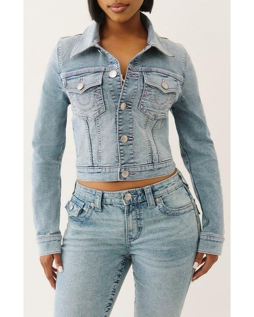 True Religion Blue Jesse Crop Denim Trucker Jacket