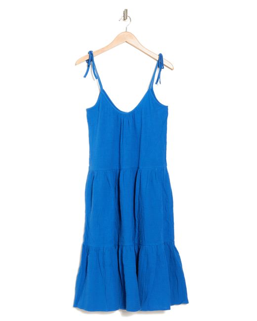 Caslon Blue Tie Strap Tiered Cotton Gauze Midi Dress