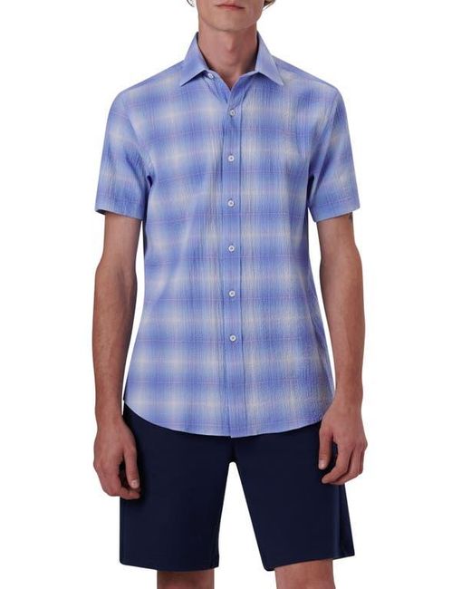 Bugatchi Blue Ombré Check Short Sleeve Cotton Seersucker Button-Up Shirt for men