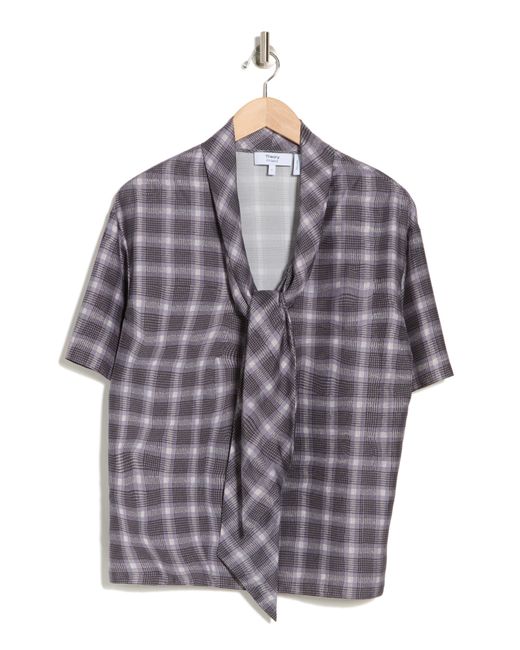 Theory Gray Wrinkle Check Silk Blend Top
