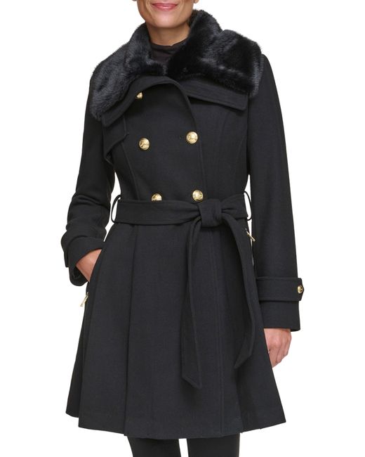 Guess Black Faux Fur Collar Double Breasted Belted Coat