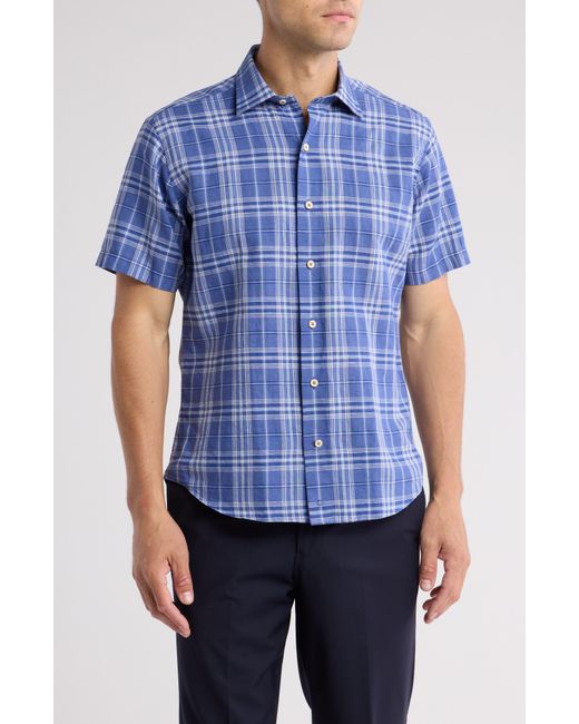David Donahue Blue Plaid Poplin Casual Short Sleeve Cotton Button-up Shirt for men