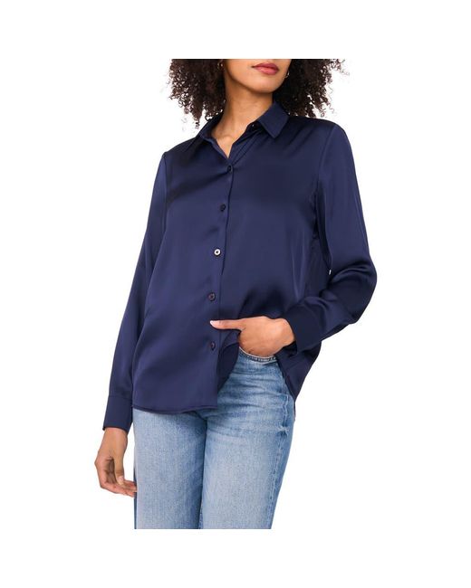 Vince Camuto Blue Satin Long Sleeve Button-Up Shirt