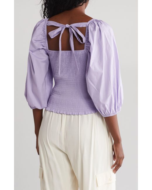 Wayf Purple Gathered Puff Sleeve Stretch Cotton Top