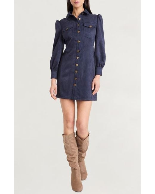 The Good Journey Blue Long Sleeve Faux Suede Minidress