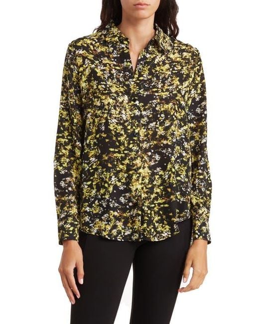 Tahari Black Abstract Floral Button-Up Blouse