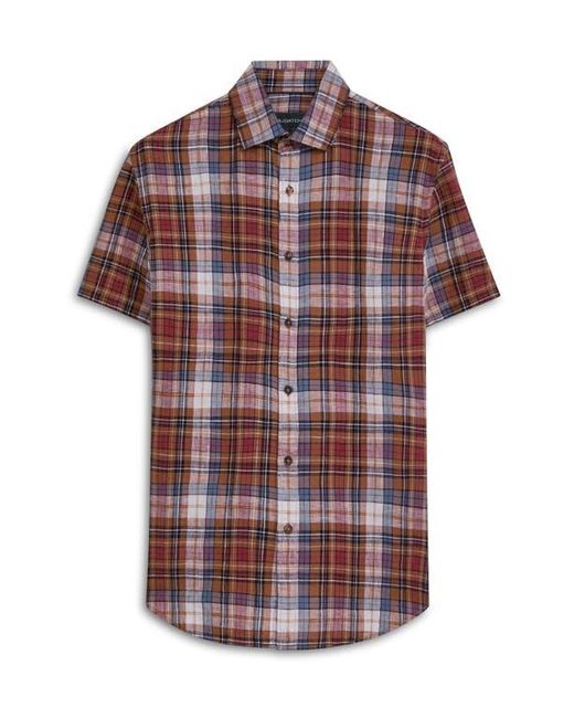 Bugatchi Red Plaid Short Sleeve Linen Button-Up Shirt for men