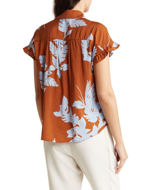 Pleione Orange Crinkle Ruffle Sleeve Camp Shirt