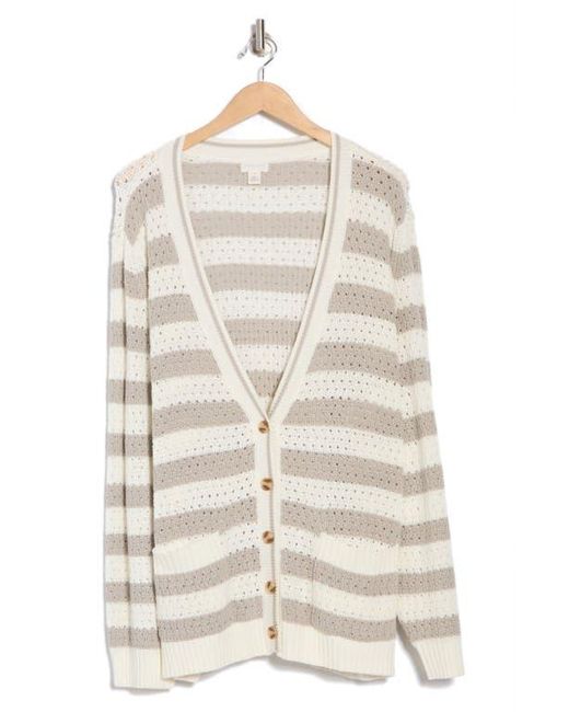 Caslon Natural Stripe Open Stitch Cotton Blend Cardigan