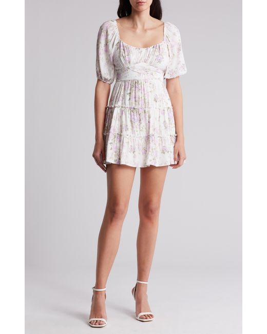 ROW A White Floral Puff Sleeve Tiered Minidress
