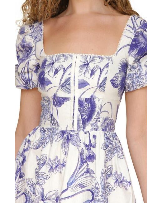 Avec Les Filles Purple Botanical Print Corset Bodice Stretch Cotton Midi Dress