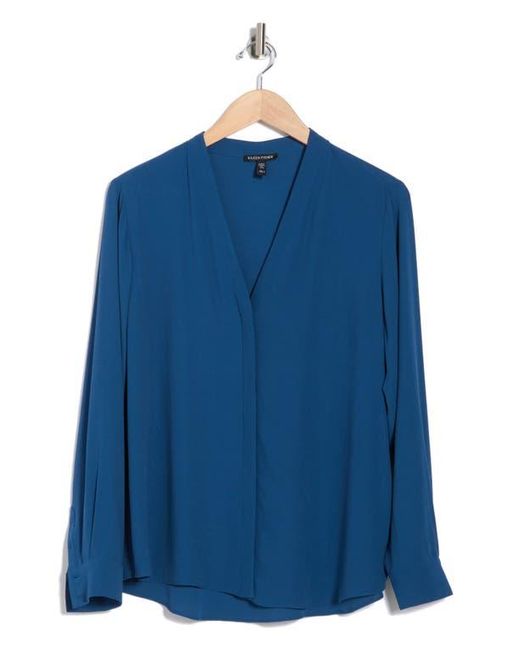 Eileen Fisher Blue V-Neck Silk Button-Up Shirt