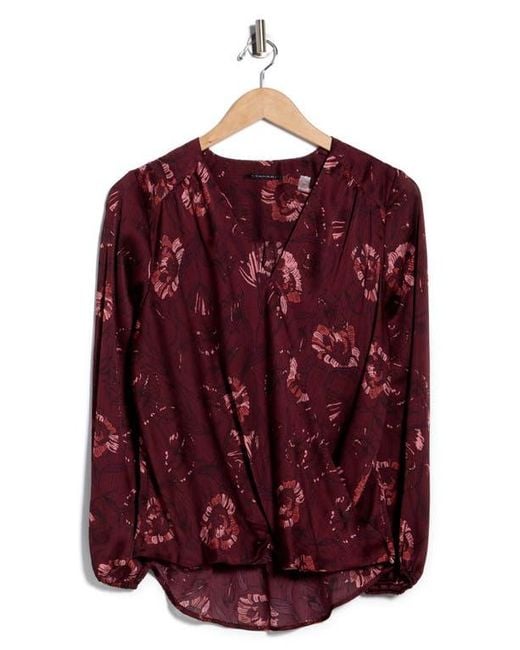 Tahari Red Long Sleeve Faux Wrap Blouse