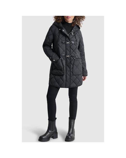 DKNY Quilted Water Resistant Hooded Jacket in Black Lyst