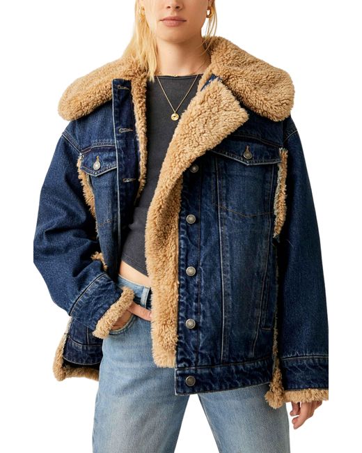 Free People Blue Holly Oversize Denim Jacket With Faux Fur Trim