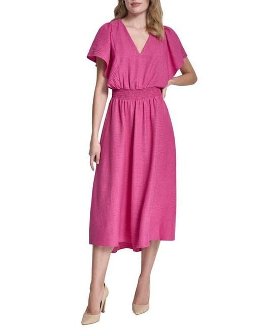 DKNY Smocked High-Low Dress in Pink | Lyst