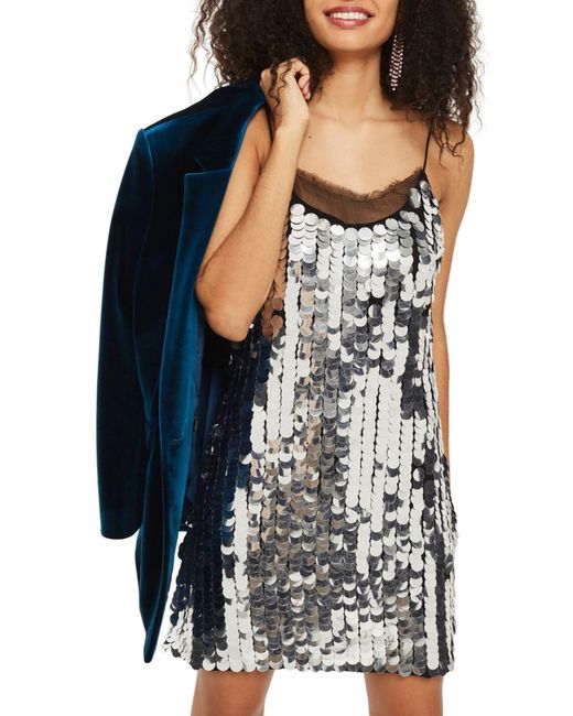 TOPSHOP Synthetic Disco Sequin Embellished Slip Dress in Silver (Metallic)  | Lyst