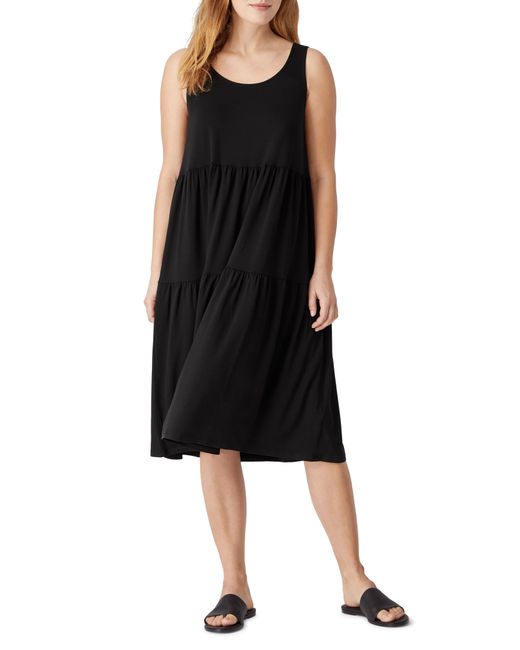 Eileen Fisher Organic Linen Scoop Neck Tiered Dress In Black At Nordstrom Rack
