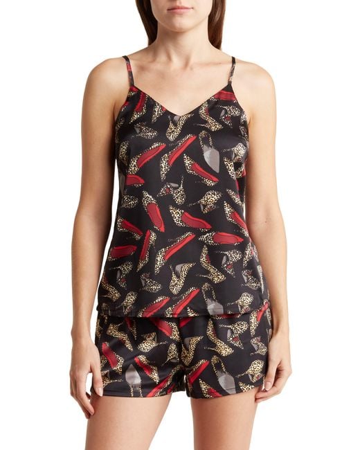 Nicole Miller Black Leopard Print Satin Camisole & Shorts Pajamas