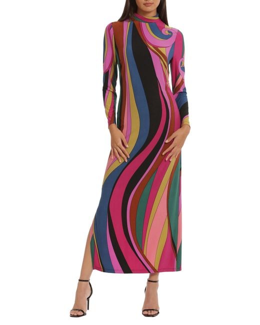 DONNA MORGAN FOR MAGGY Red Mock Neck Long Sleeve Maxi Dress