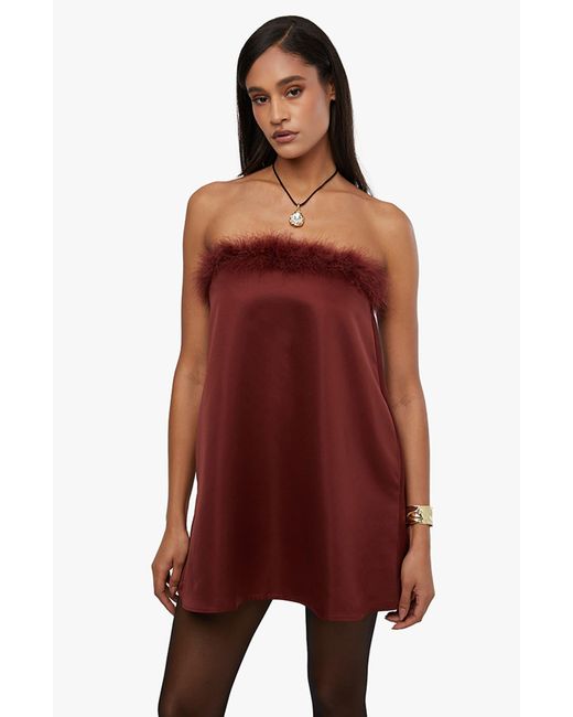 WeWoreWhat Red Faux Fur Strapless Satin Dress