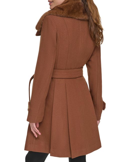 Guess Faux Fur Collar Double Breasted Belted Coat in Brown Lyst