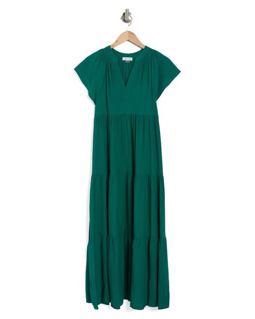 Calvin Klein Green Split V Tiered Gauze Maxi Dress