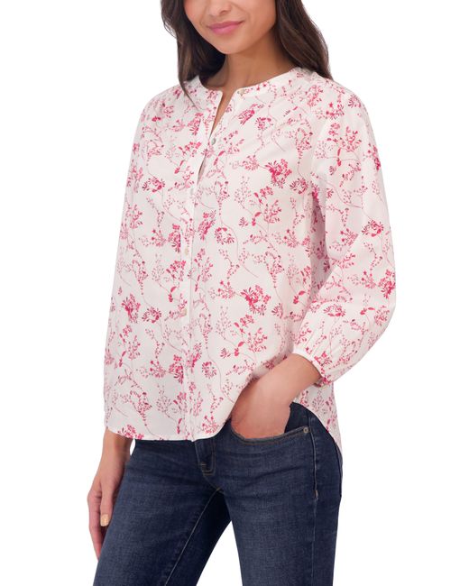 Lucky Brand Pink Floral Print Band Collar Button-up Cotton Shirt