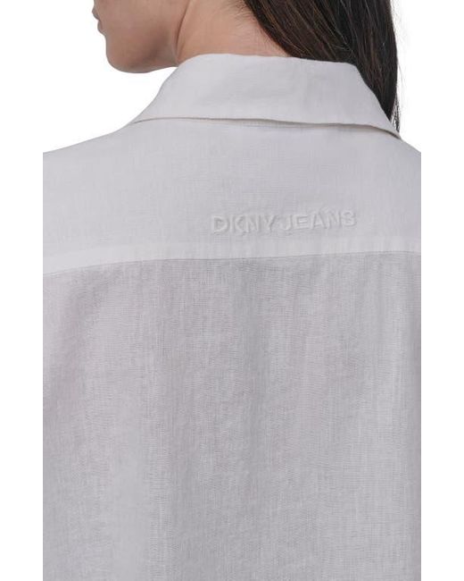 DKNY White Oversize Linen Blend Crop Button-Up Shirt