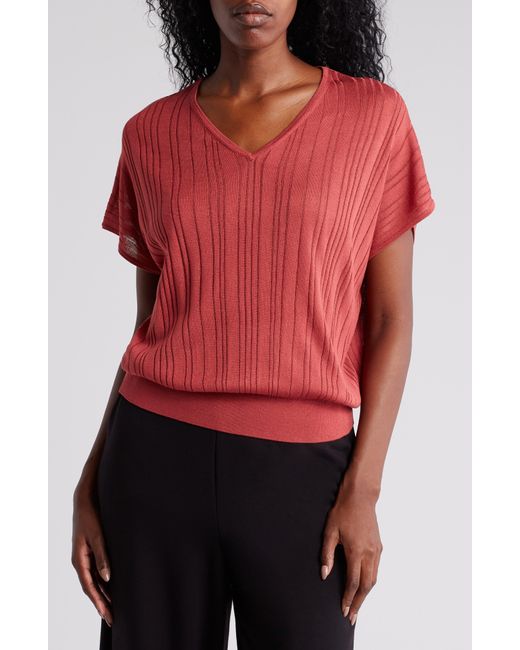 Adrianna Papell Red V-neck Vertical Rib Sweater
