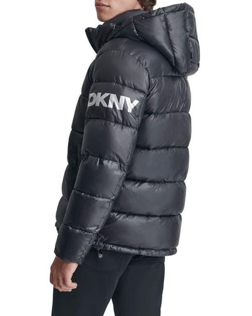 DKNY Black Hooded Nylon Puffer Jacket for men