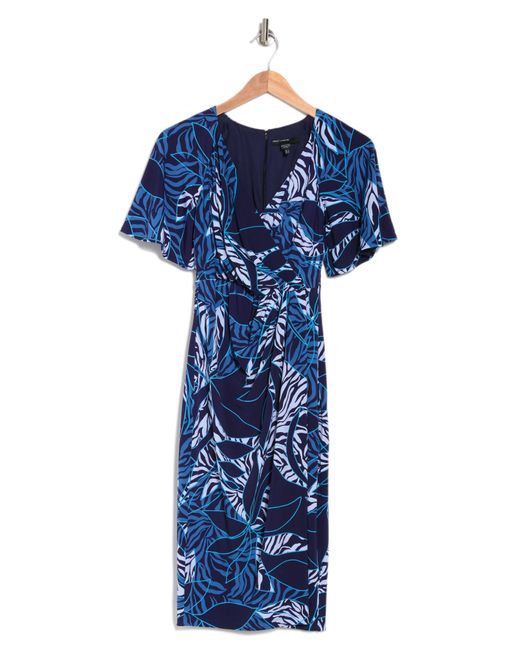 Maggy London Faux Wrap Midi Dress In Navy/sky Blue At Nordstrom Rack | Lyst