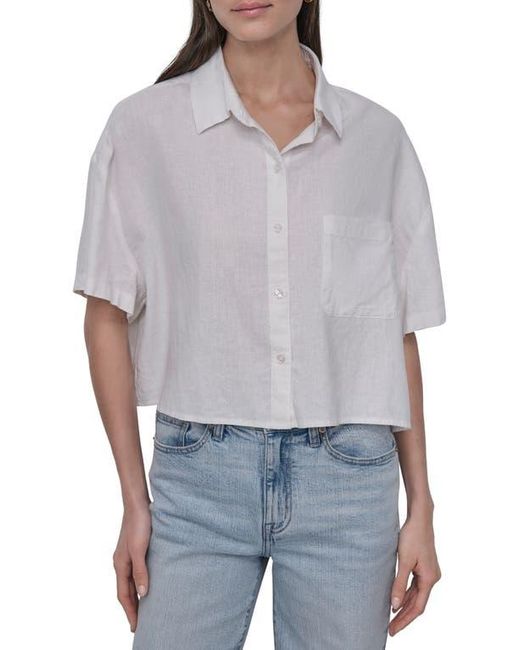 DKNY White Oversize Linen Blend Crop Button-Up Shirt