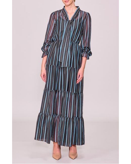 MELLODAY Blue Stripe Bow Tiered Maxi Dress