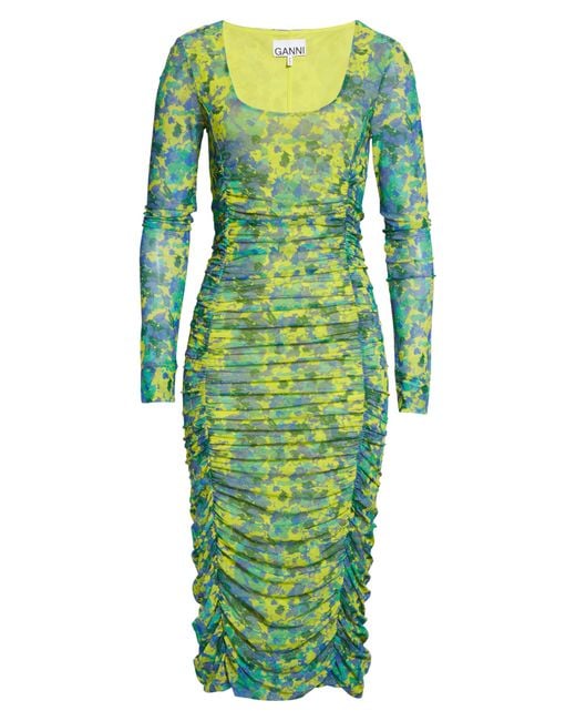 Ganni Print Ruched Long Sleeve Mesh Midi Dress In Sulphur Spring At