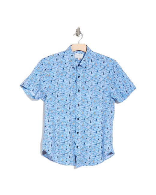 Con.struct Blue Boat Print Stretch Short Sleeve Button-down Shirt for men
