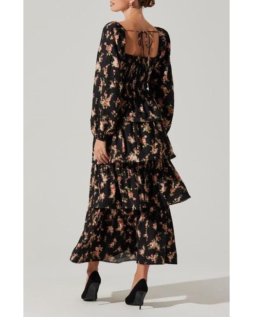 Astr Alumie Long Sleeve Tiered Maxi Dress in Black | Lyst