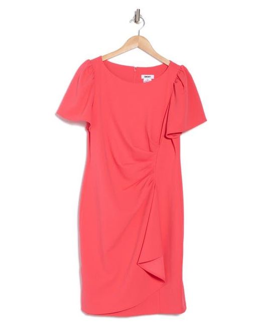 DKNY Pink Flutter Sleeve Side Ruched Sheath Dress