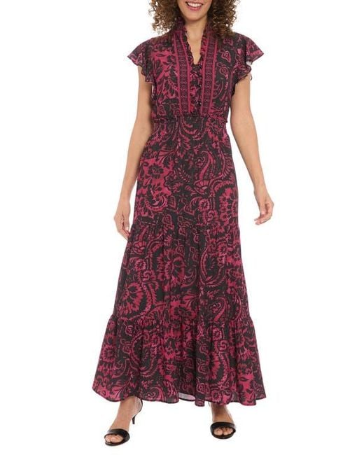 London Times Purple Ruffle Flutter Sleeve Tiered Maxi Dress
