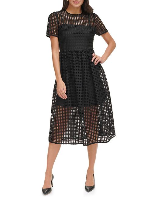 DKNY Black Grid Mesh Midi Dress