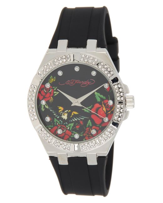 Ed Hardy Black Crystal Rose Dial Silicone Strap Watch for men