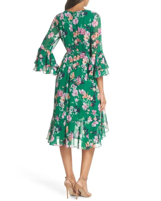 Eliza J Green Ruffle Sleeve Floral Faux Wrap Dress